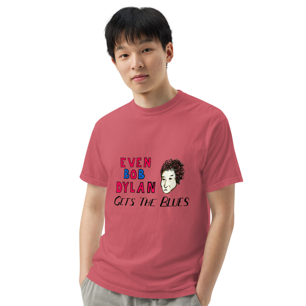Young man wearing pink graphic music t-shirt